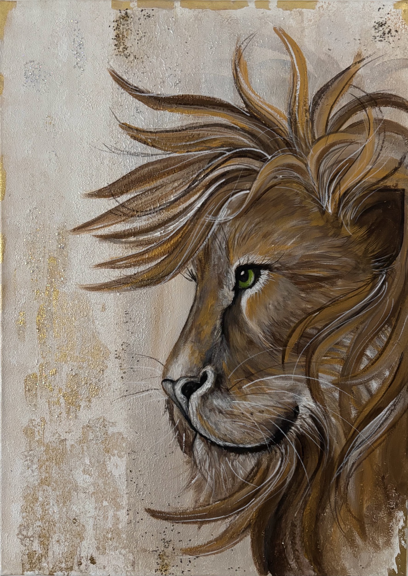 Gemälde eines Löwenprofils mit wehender Mähne und Blattgold-Akzenten, „Löwe von Juda“